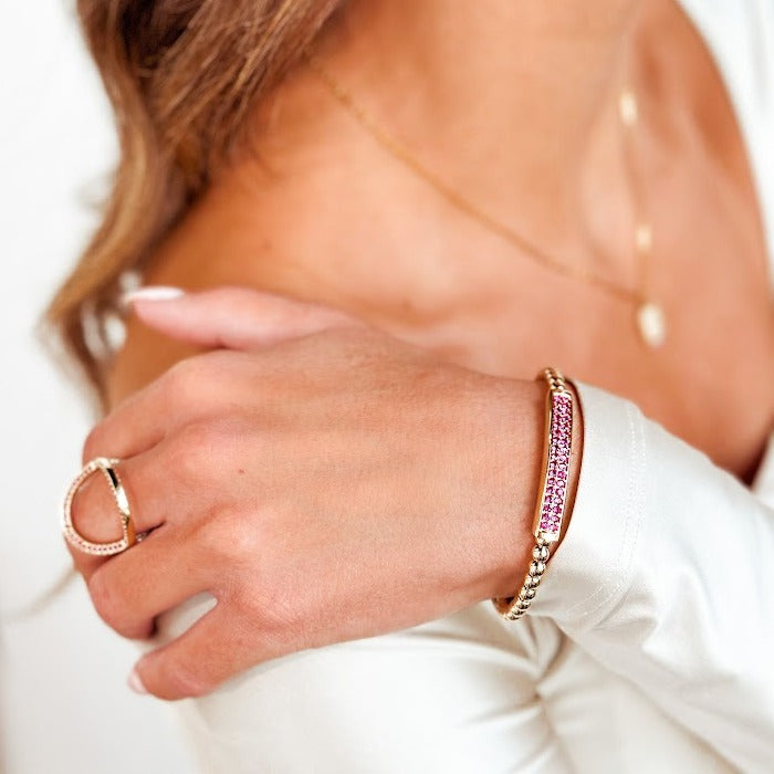 "Tina" Pink Sapphire Bar Bead Bracelet in 14K Yellow Gold