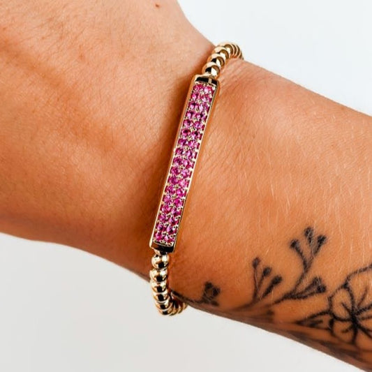 "Tina" Pink Sapphire Bar Bead Bracelet in 14K Yellow Gold