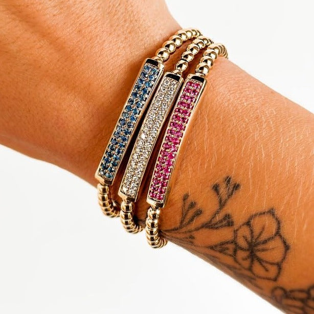 "Tina" Pink Sapphire Bar Bead Bracelet in 14K Yellow Gold