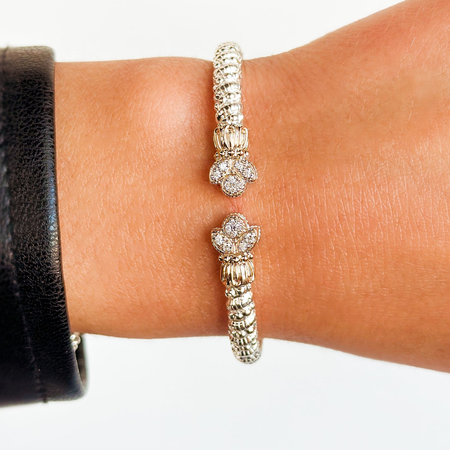 Vahan - 14K Gold & Sterling Silver Cuff Bracelet with Leaf Diamonds