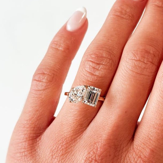 Toi & Moi Pear Shape and Emerald Cut Moissanite Engagement Ring