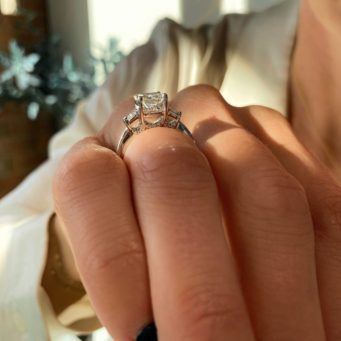 3 Stone Lab Grown Radiant Diamond Engagement Ring in 14K White Gold
