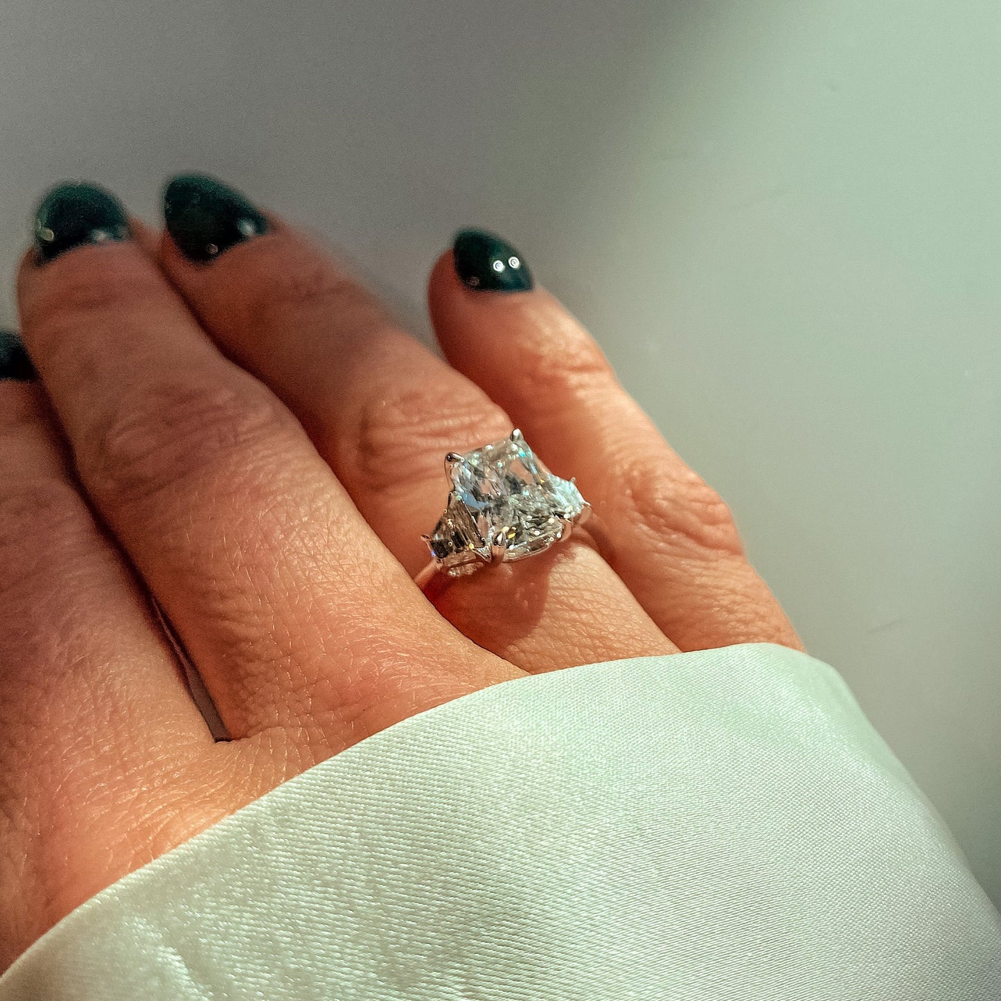 3 Stone Lab Grown Radiant Diamond Engagement Ring in 14K White Gold Mercury