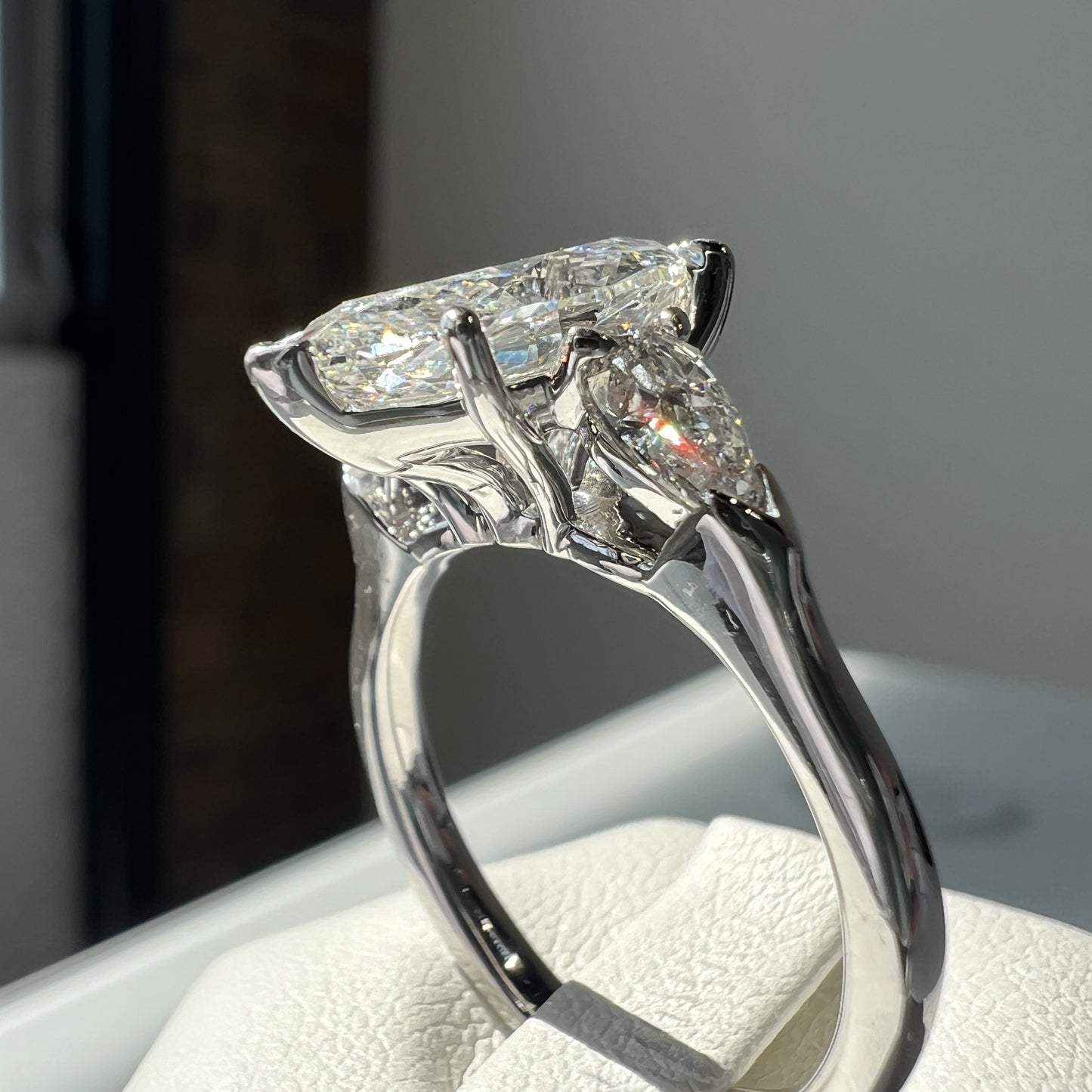 3 Stone Lab Grown Marquise Diamond Engagement Ring in 14K White Gold