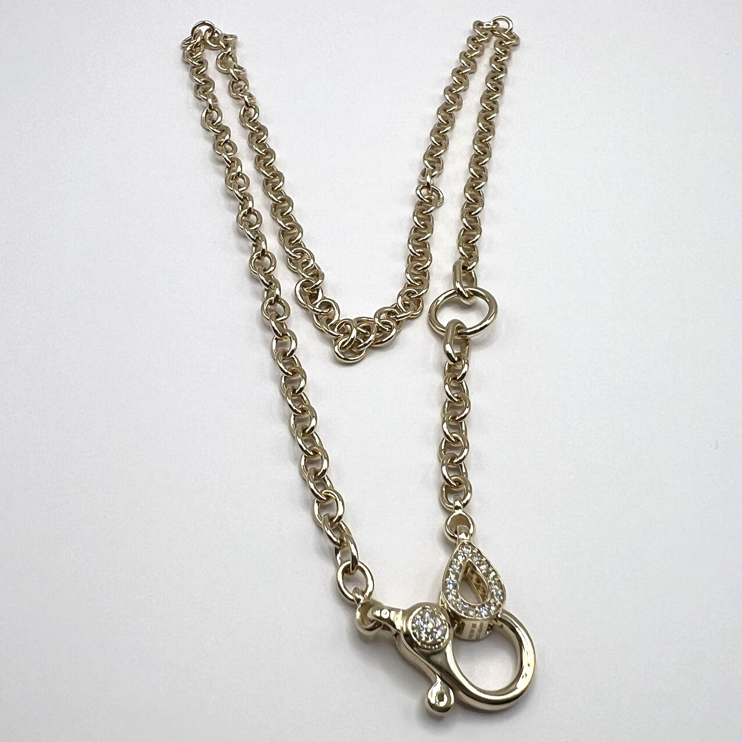 "Liora" Small Link Chain Necklace in 14K Yellow Gold with Teardrop Diamond Clasp