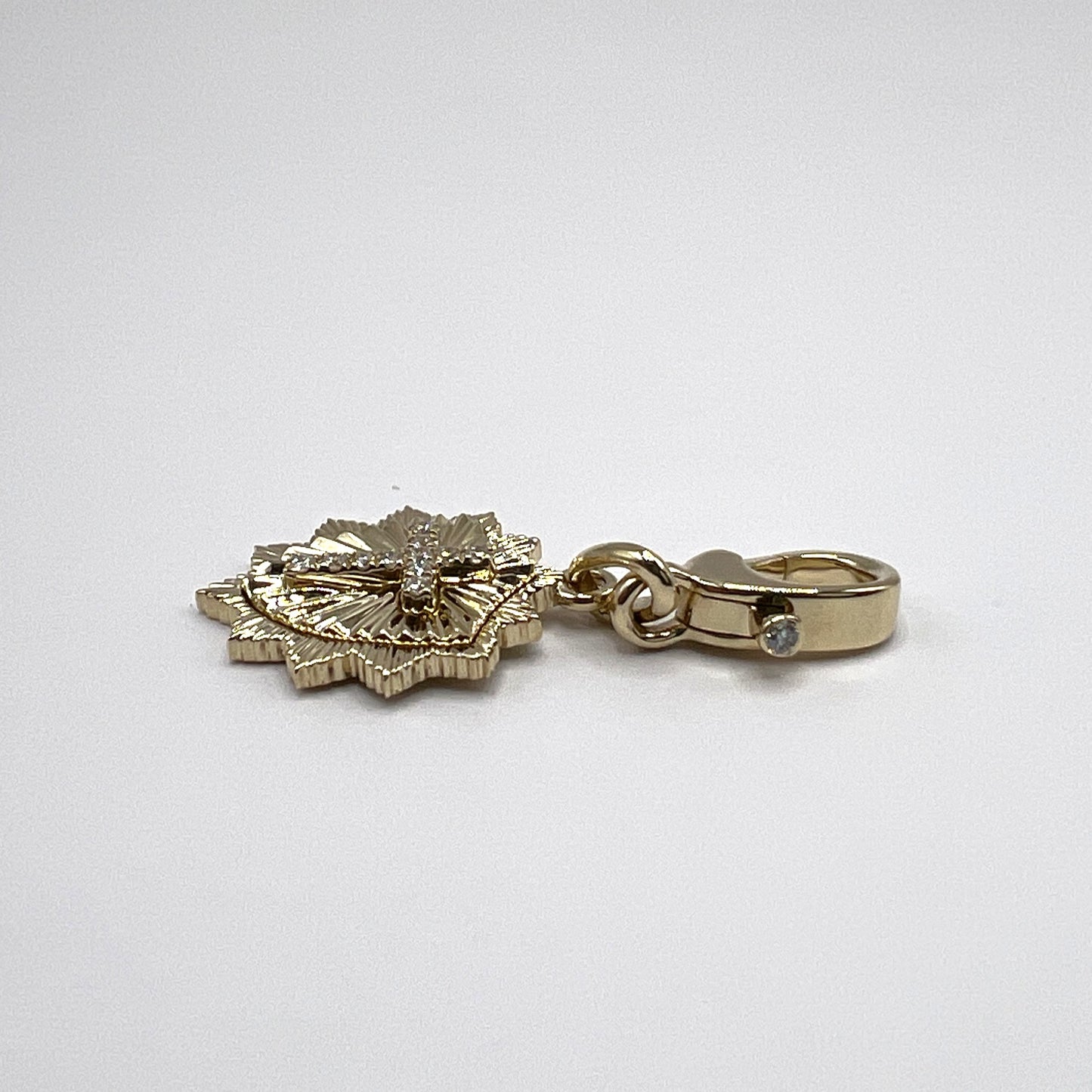 "Sable" Mini Shield Pendant in 14k Gold with Diamond Cross and Diamond Clasp