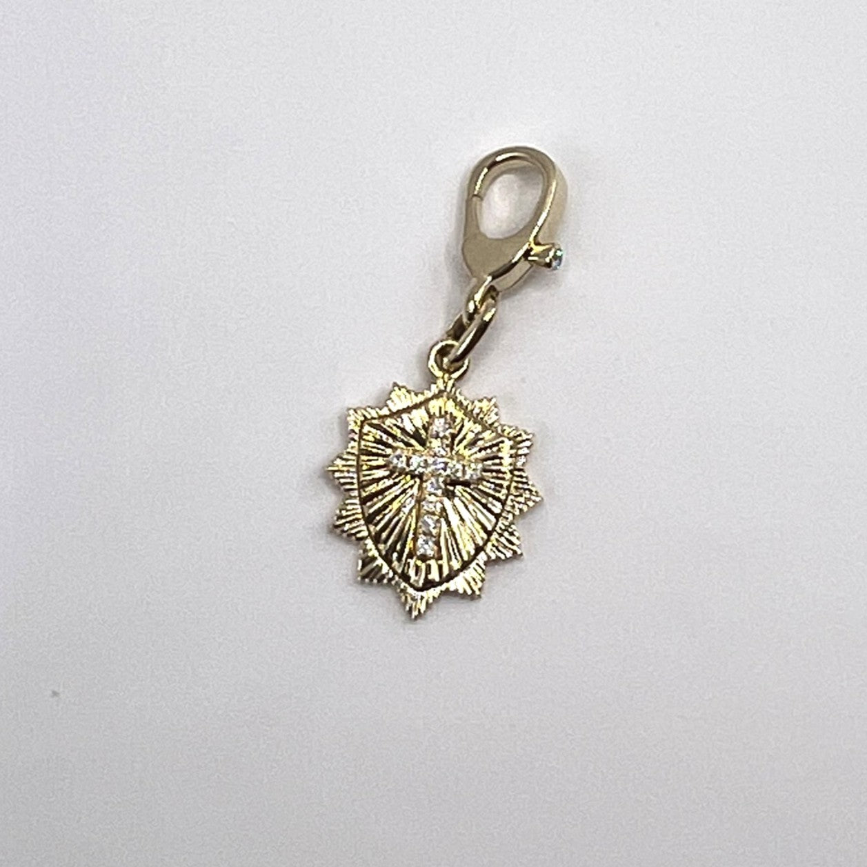 "Sable" Mini Shield Pendant in 14k Gold with Diamond Cross and Diamond Clasp