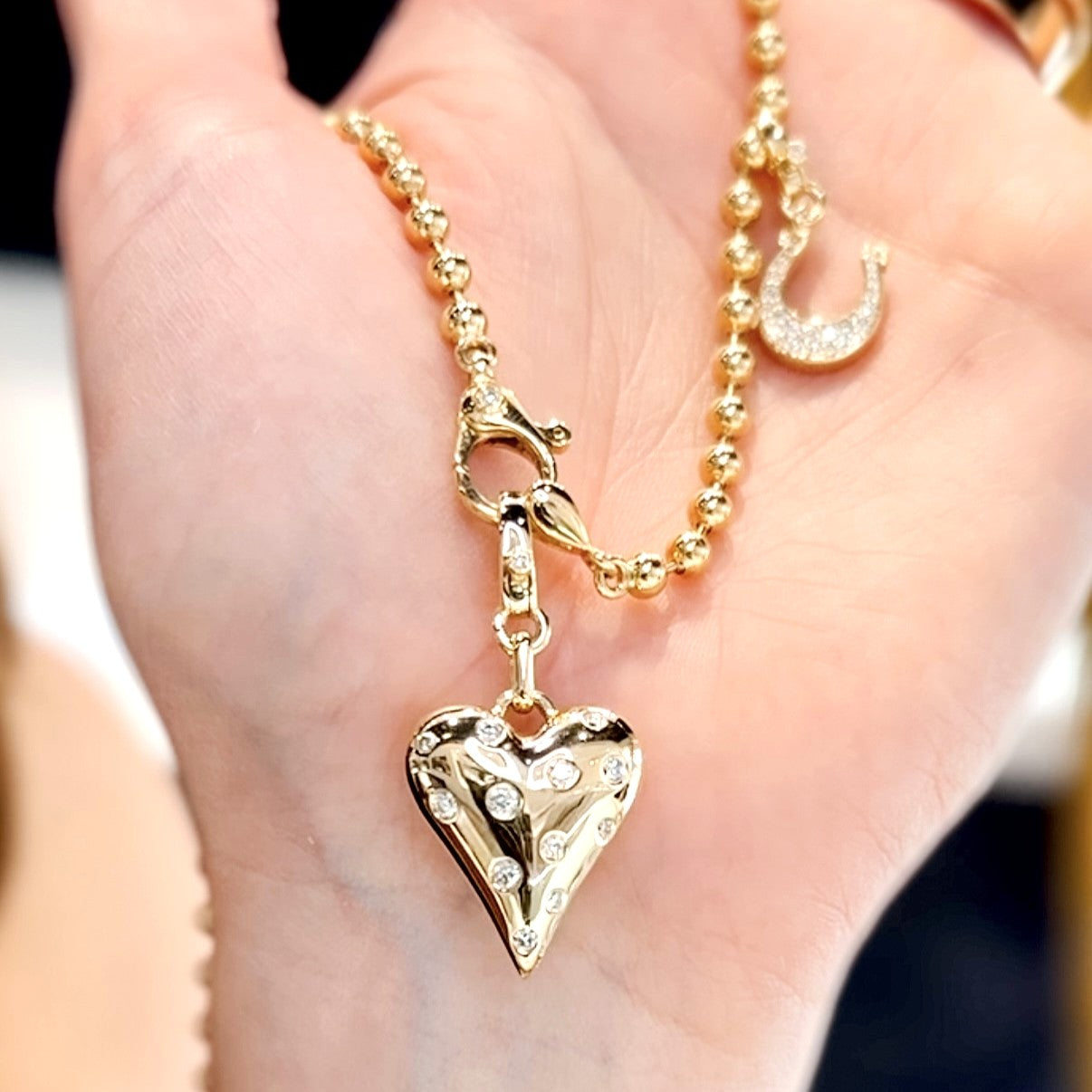 "Catalina" Puff Heart Pendant in 14K Yellow Gold and Large Diamond Clasp