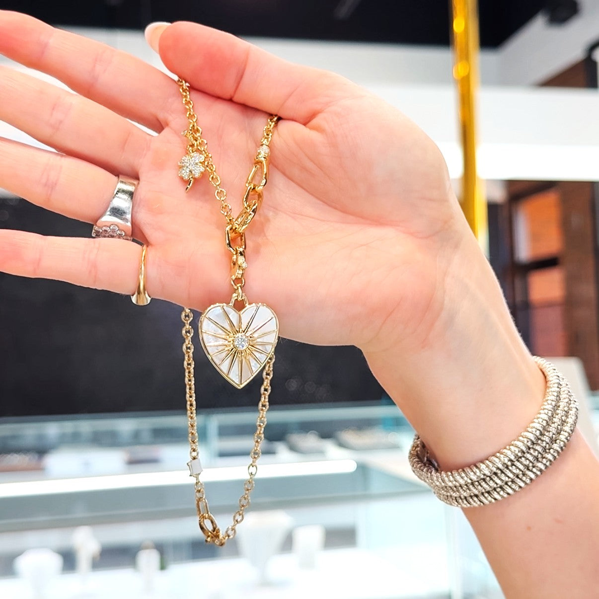 "Layla" Heart Pendant with Diamonds and Mother of Pearl Set in 14K Yellow Gold