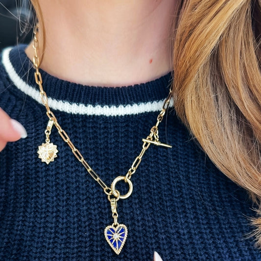 "Kylie" Paper Clip Bar Necklace in 14K Yellow Gold with Donut Pendant