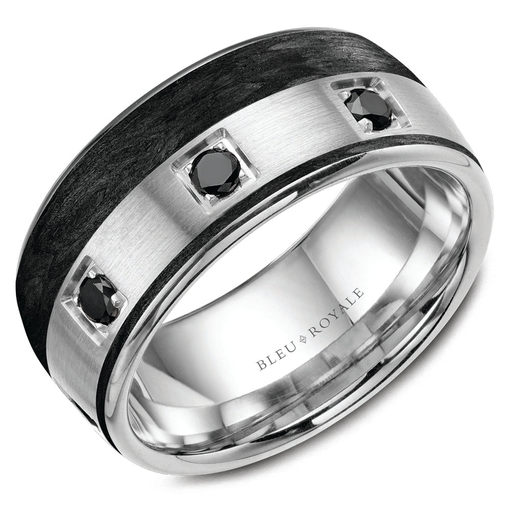 Bleu Royale 14K White Gold and Carbon Fiber Men's Ring RYL-019WBD85 Crown Ring
