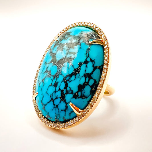 "Clarisse" 14K Gold Ring with 24.09ct Turquoise and 0.33ct Diamonds