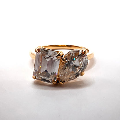 Toi & Moi Pear Shape and Emerald Cut Moissanite Engagement Ring