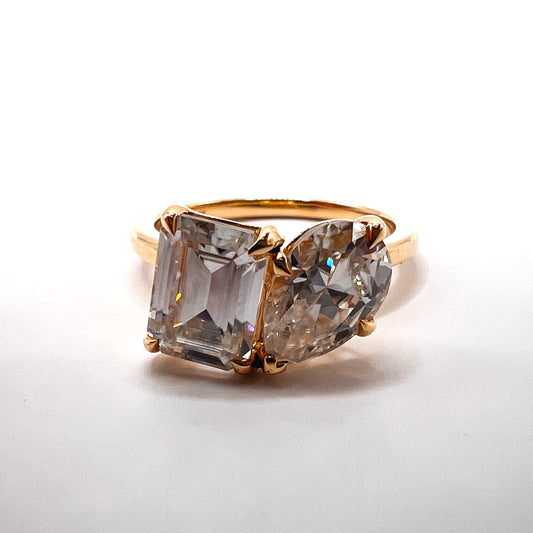 Toi & Moi Pear Shape and Emerald Cut Moissanite Engagement Ring