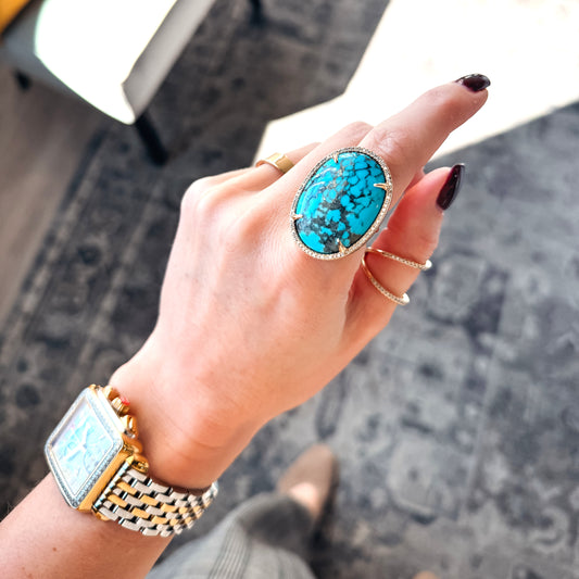 "Clarisse" 14K Gold Ring with 24.09ct Turquoise and 0.33ct Diamonds