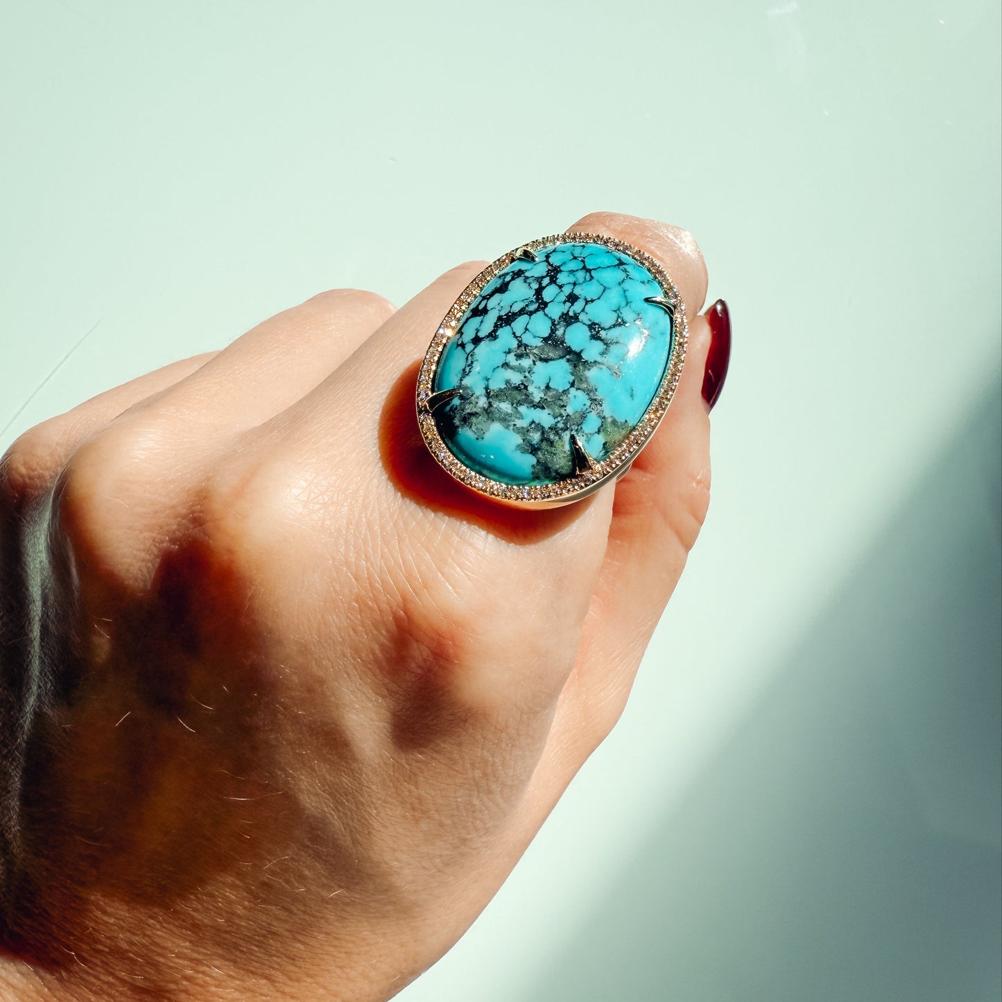 "Clarisse" 14K Gold Ring with 24.09ct Turquoise and 0.33ct Diamonds