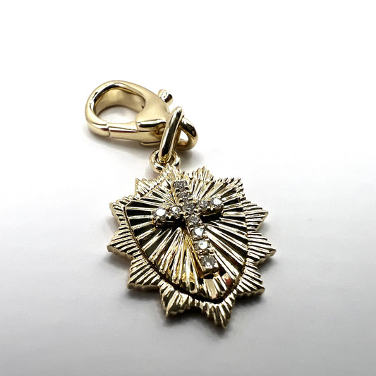 "Sable" Mini Shield Pendant in 14k Gold with Diamond Cross and Diamond Clasp