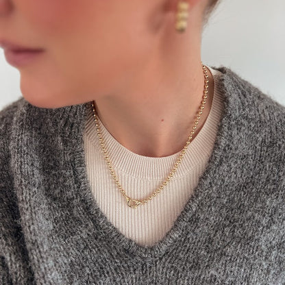 "Scarlett" Bead Chain Necklace in 14K Yellow Gold with Large Diamond Clasp