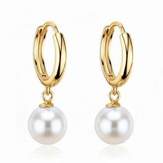 Pearl Dangle Hoops 14K 7.5 mm